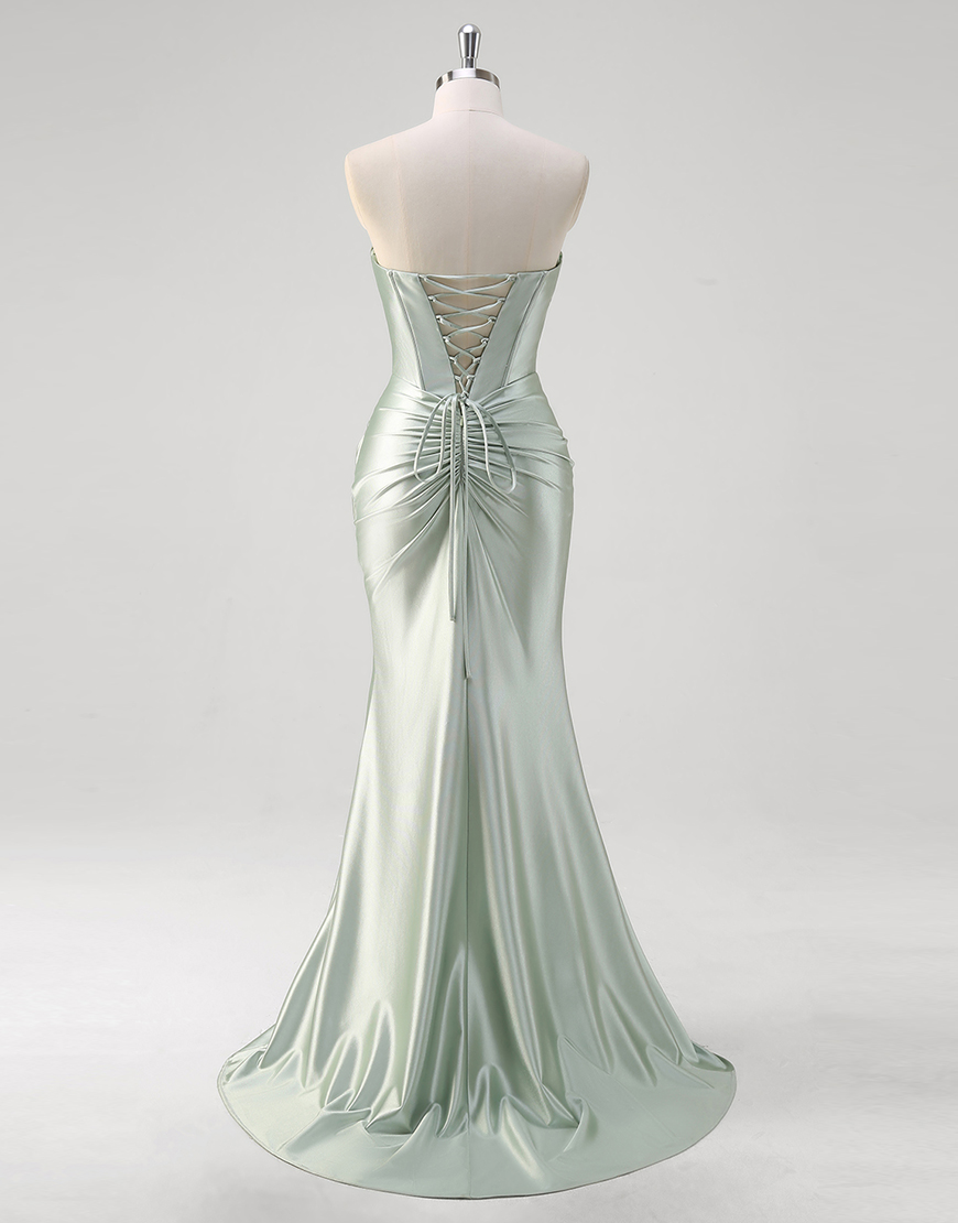 Matcha Mermaid Strapless Corset Ruched Satin Long Prom Dress with Slit