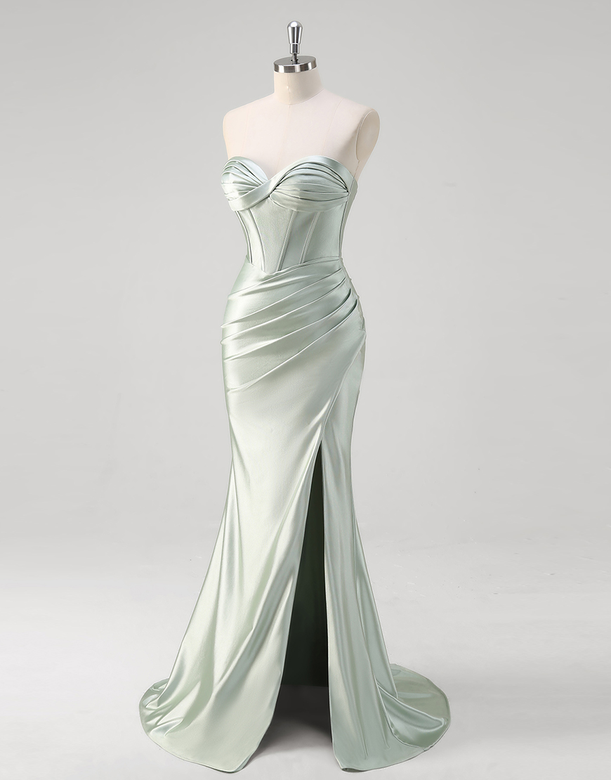 Matcha Mermaid Strapless Corset Ruched Satin Long Prom Dress with Slit