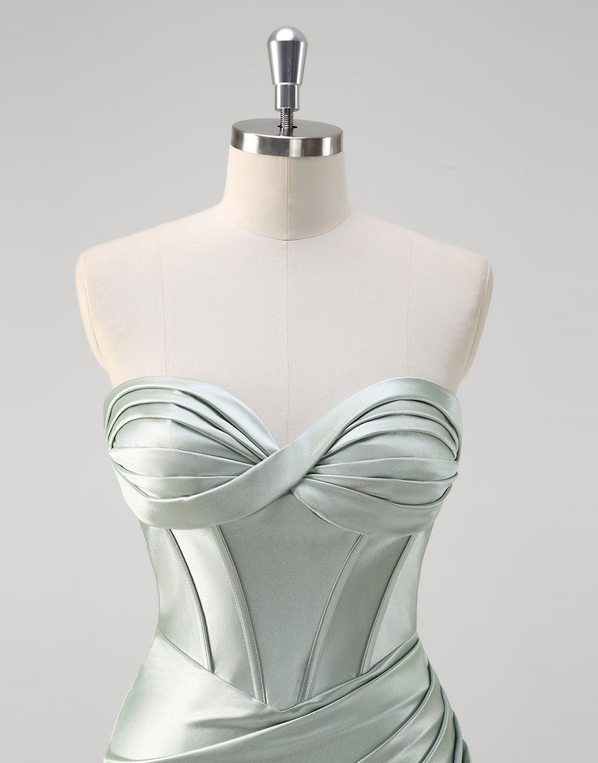 Matcha Mermaid Strapless Corset Ruched Satin Long Prom Dress with Slit