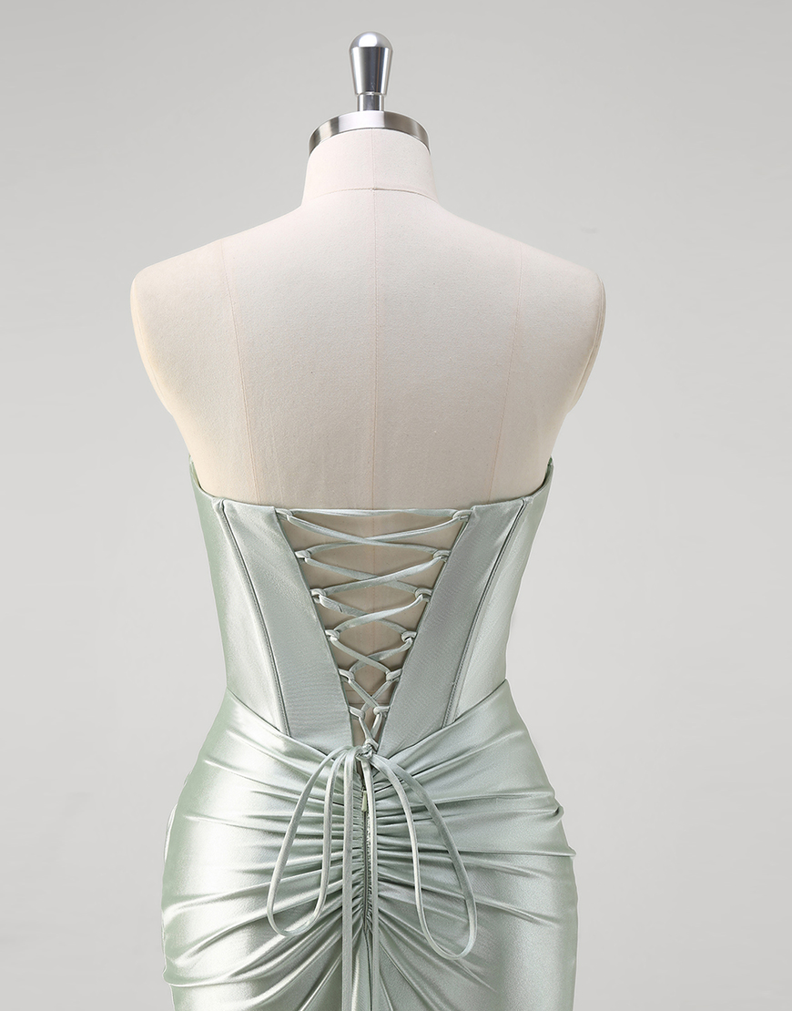 Matcha Mermaid Strapless Corset Ruched Satin Long Prom Dress with Slit