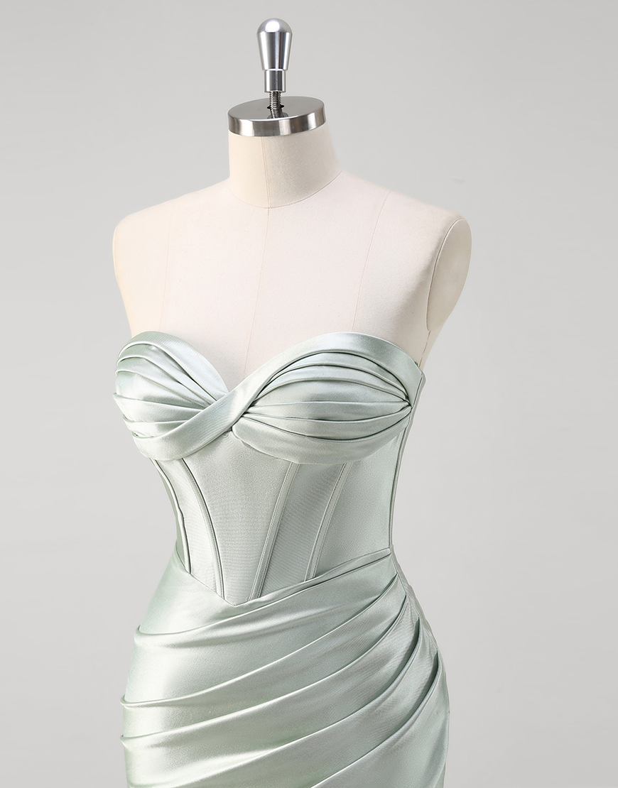 Matcha Mermaid Strapless Corset Ruched Satin Long Prom Dress with Slit