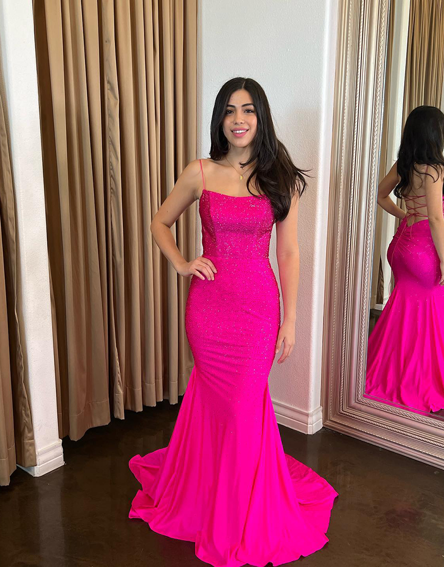 Sparkly Fuchsia Mermaid Beaded Spaghetti Straps Satin Long Prom Dress