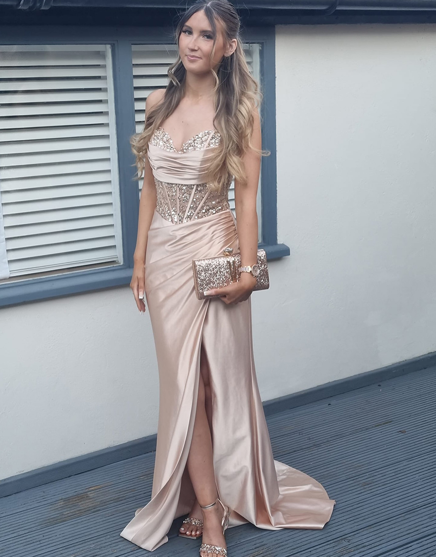 Sparkly Khaki Mermaid Spaghetti Straps Corset Sequined Satin Long Prom Dress with Slit