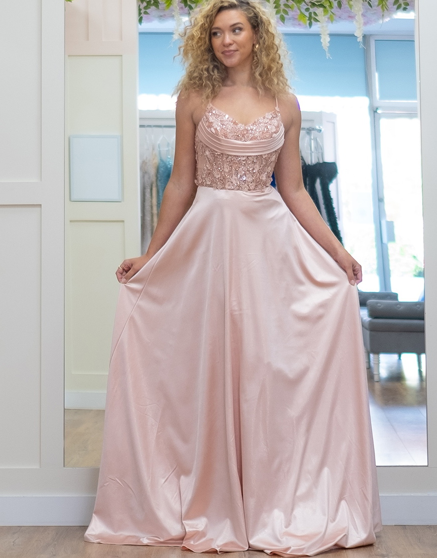 Sparkly Pink A-Line Flowers Corset Spaghetti Straps Long Prom Dress