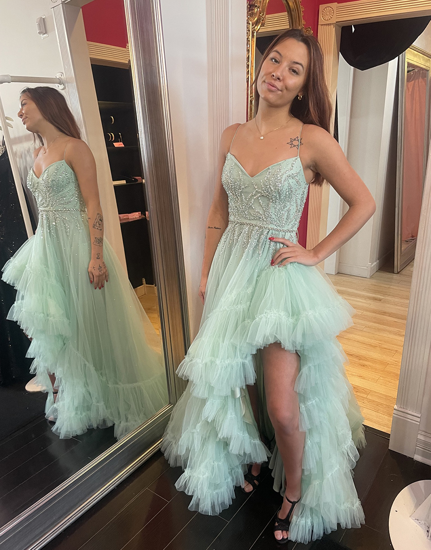 Sparkly Sage Hi-Low Sequined Spaghetti Straps Ruffles Tulle Long Prom Dress