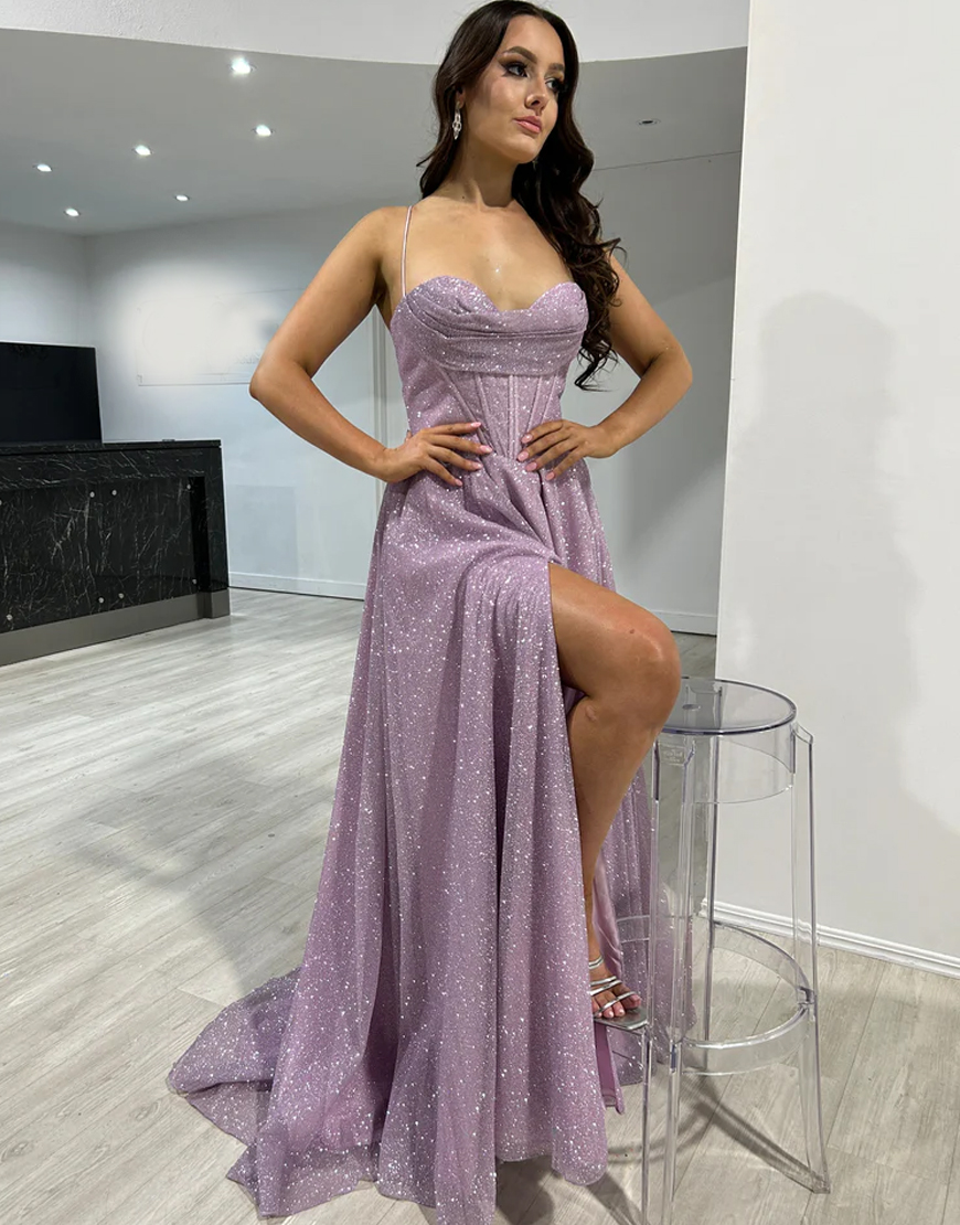 Sparkly Taro A-Line Corset Spaghetti Straps Long Prom Dress with Slit