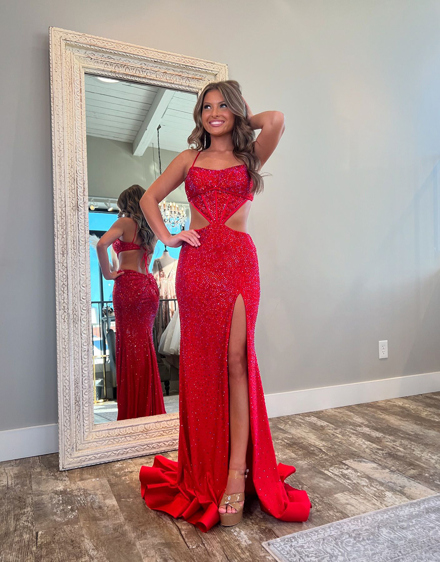 Sparkly Red Mermaid Beaded Spaghetti Straps Corset Evening Dress with Slit