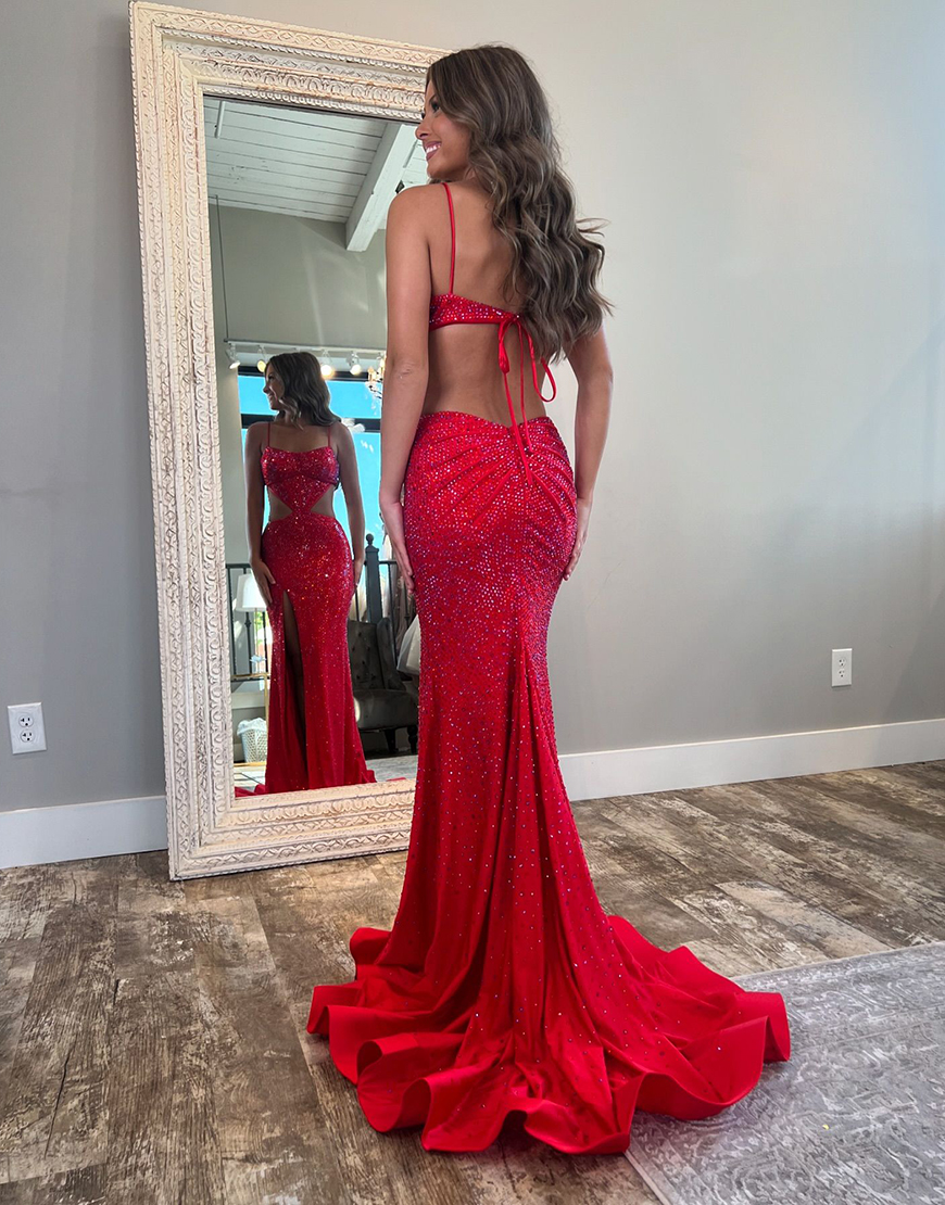 Sparkly Red Mermaid Beaded Spaghetti Straps Corset Evening Dress with Slit
