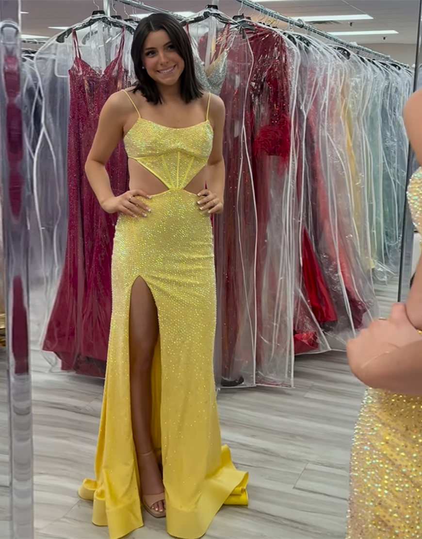 Sparkly Red Mermaid Beaded Spaghetti Straps Corset Evening Dress with Slit