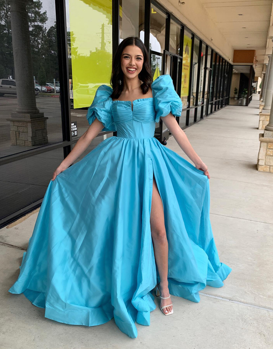 Blue A-Line Puff Sleeves Bow Tie Back Long Prom Dress with Slit