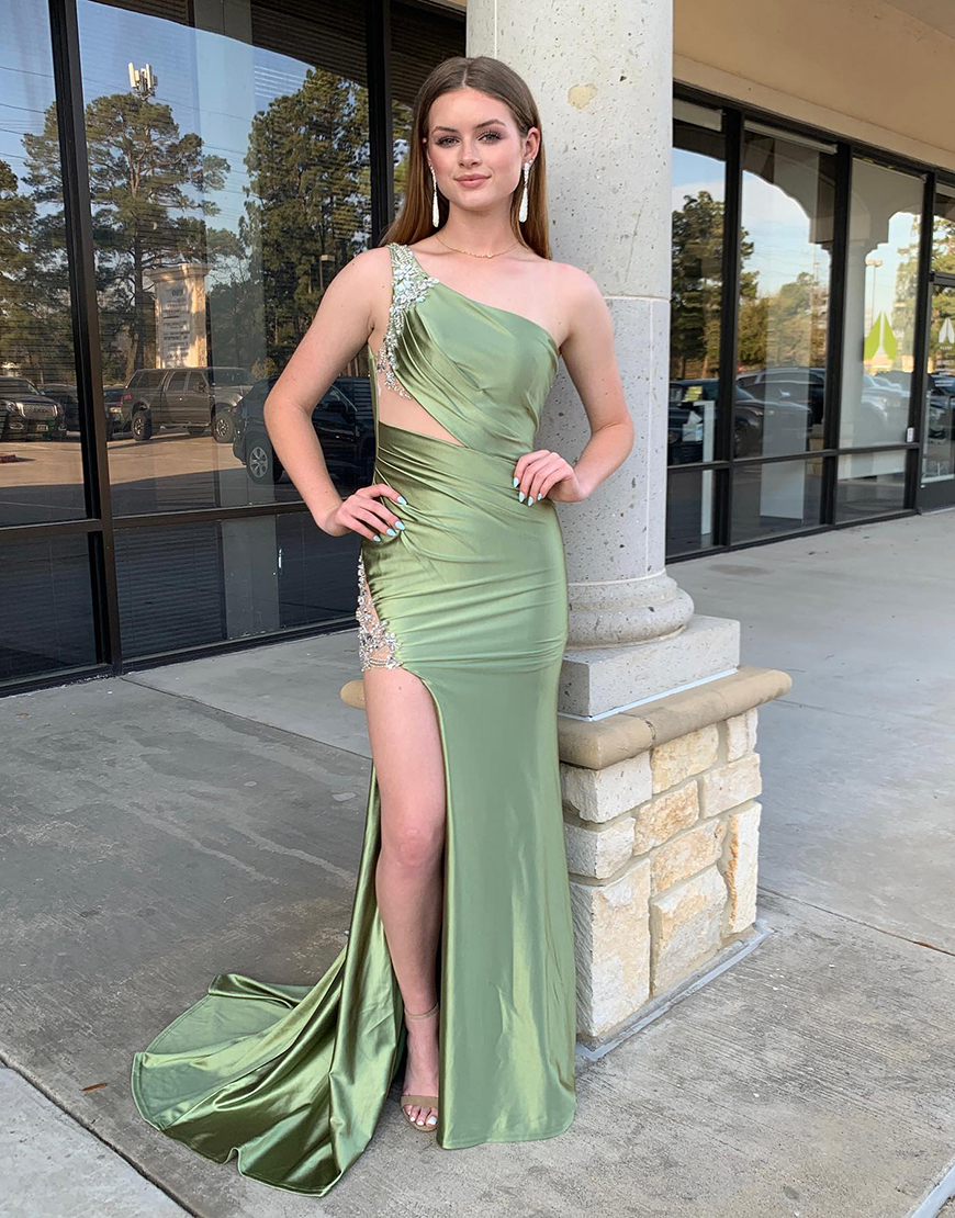 Sparkly Sage Mermaid One Shoulder Tassels Satin Long Prom Dress with Slit