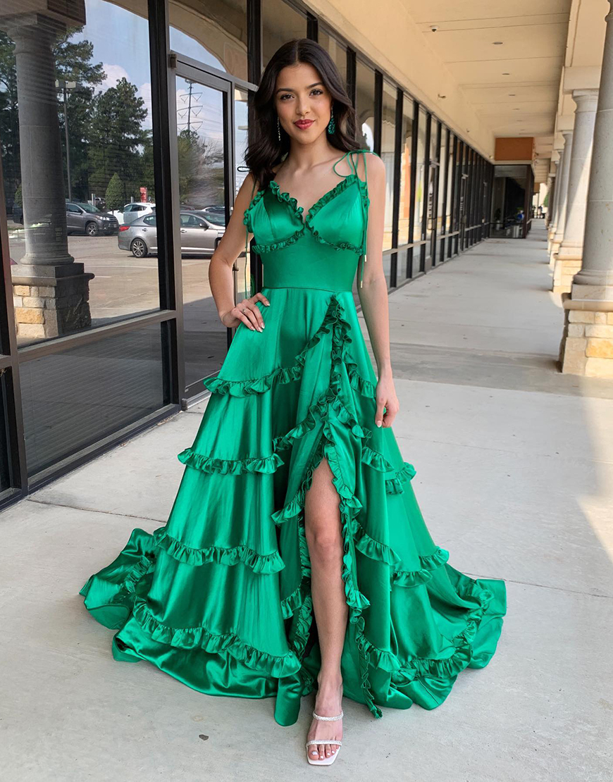 Green A-Line Spaghetti Straps Ruffles Satin Long Prom Dress with Slit