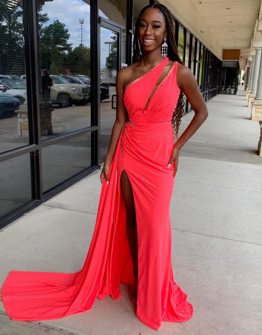 Sparkly Coral Mermaid Beaded One Shoulder Satin Long Prom Dress with Slit