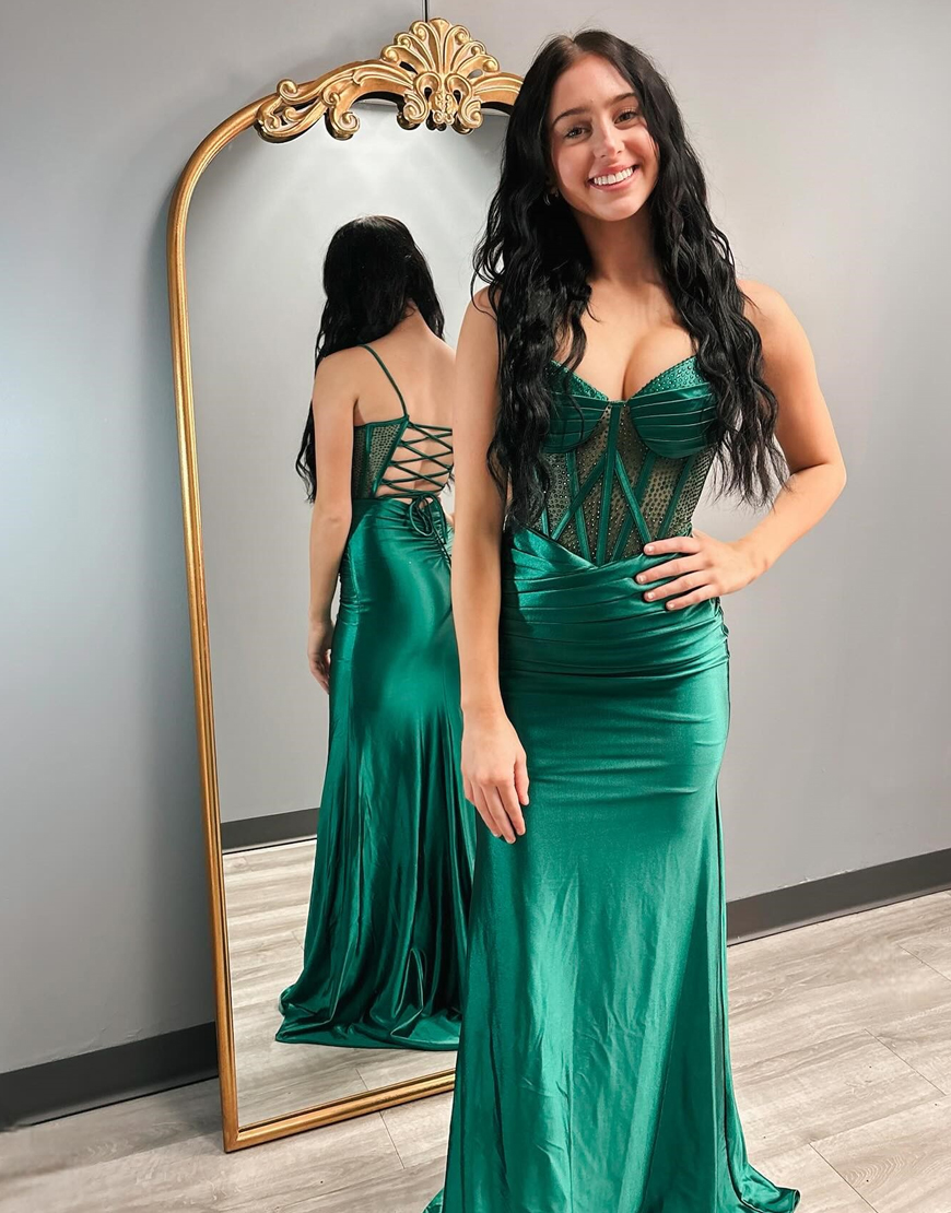 Sparkly Dark Green Mermaid Spaghetti Straps Beaded Corset Satin Long Prom Dress with Slit