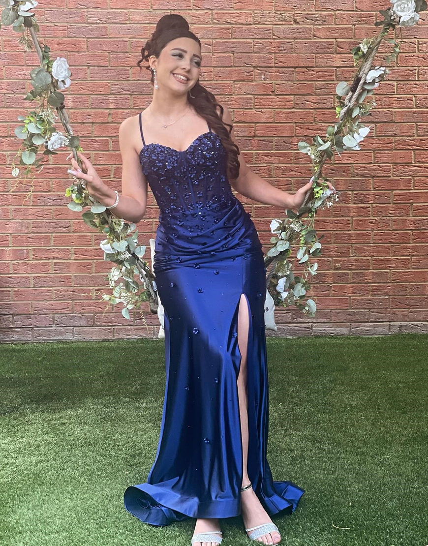 Sparkly Navy Mermaid Flowers Corset Spaghetti Straps Satin Long Prom Dress with Slit
