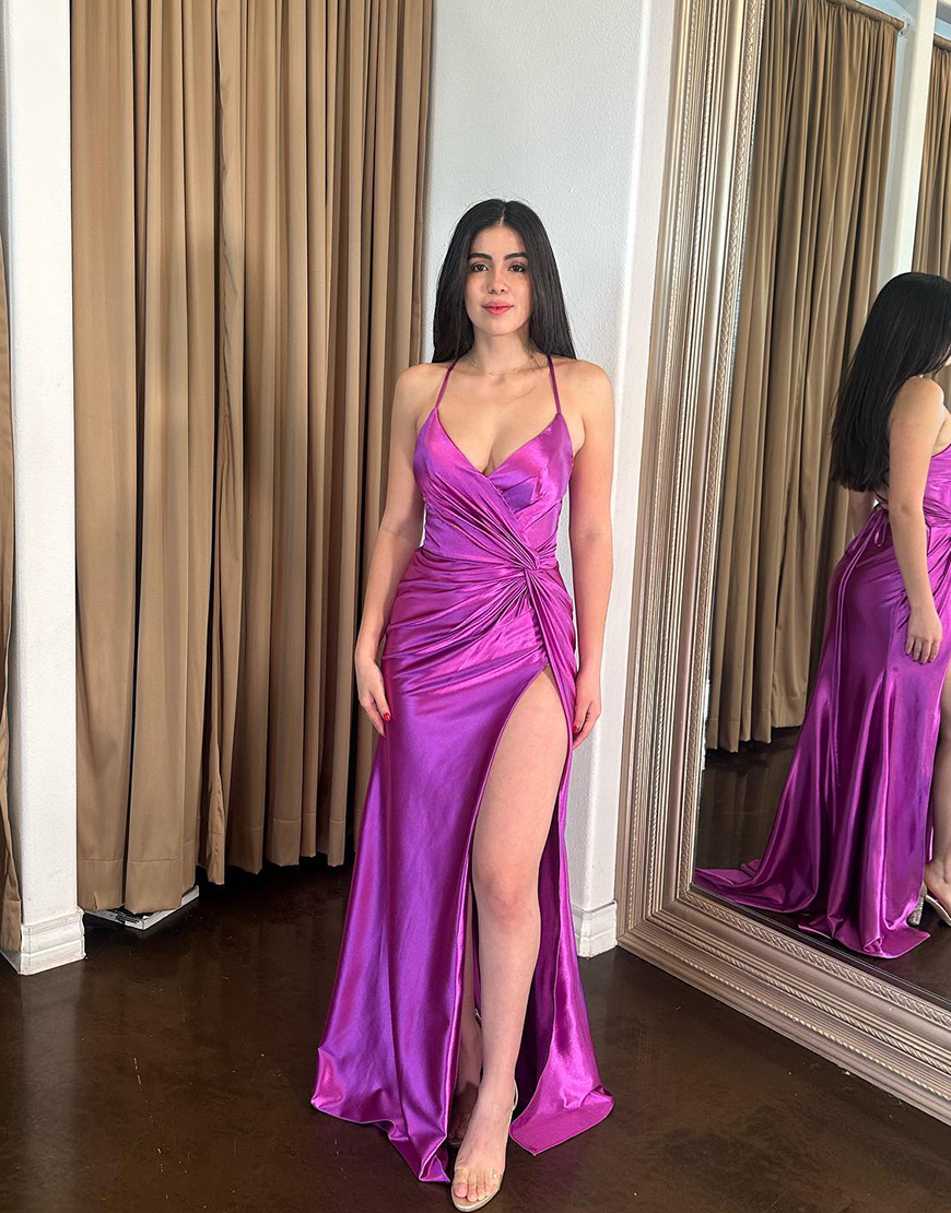 Purple Mermaid Spaghetti Straps Ruched Satin Long Prom Dress with Slit
