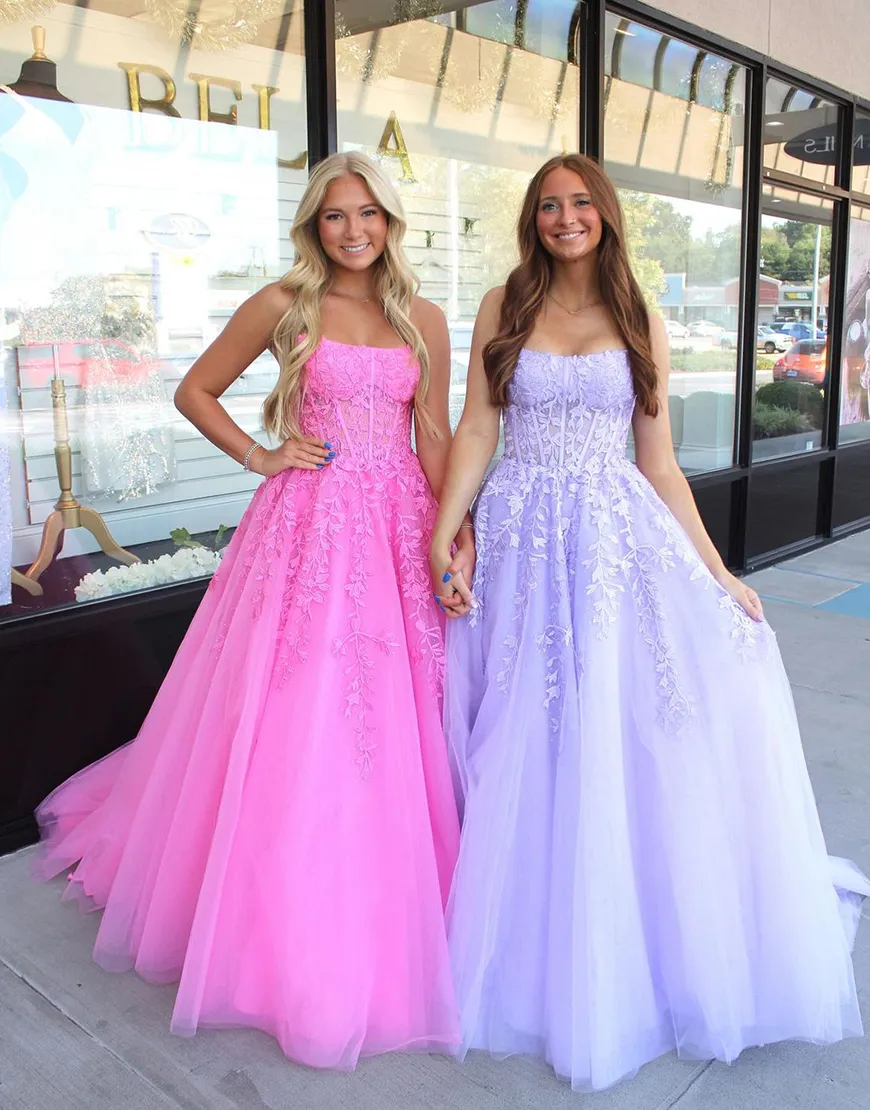 Sparkly Lilac A-Line Strapless Corset Beaded Appliques Long Prom Dress