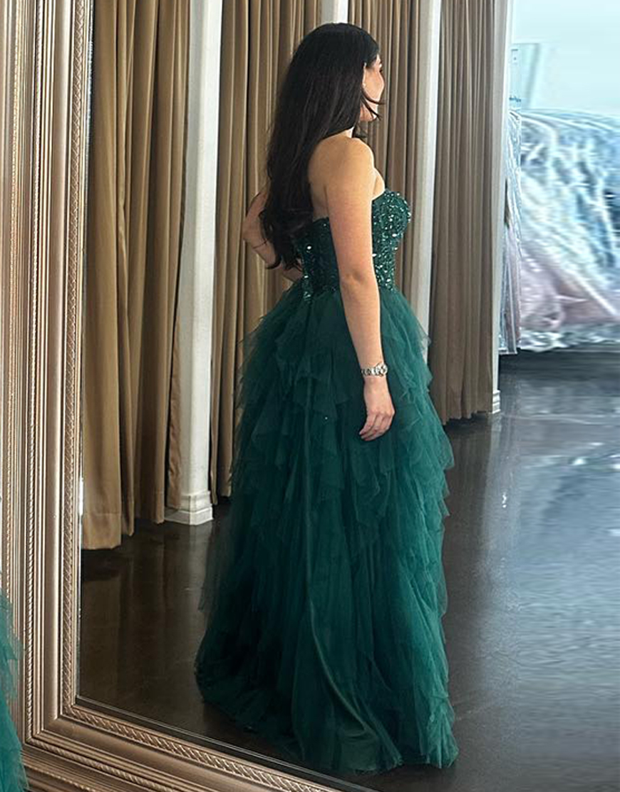 Sparkly Dark Green A-Line Strapless Sequined Corset Ruffles Tulle Long Prom Dress with Slit