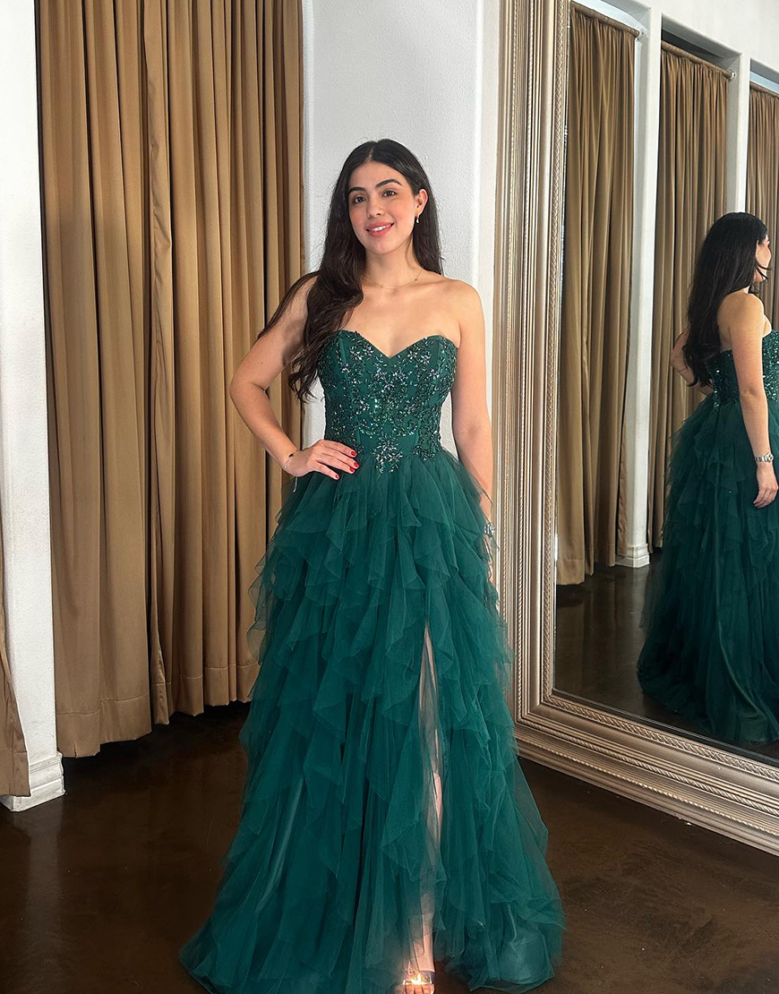 Sparkly Dark Green A-Line Strapless Sequined Corset Ruffles Tulle Long Prom Dress with Slit