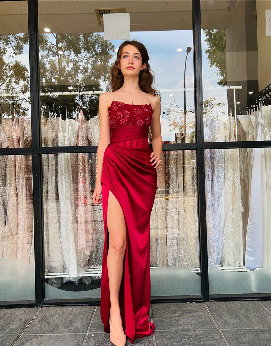 Sparkly Burgundy Mermaid  Strapless Flowers Corset Satin Long Prom Dress with Slit