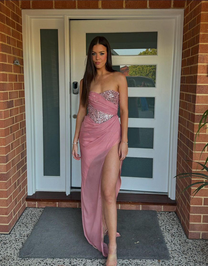 Sparkly Pink Mermaid Strapless Sequined Top Corset Long Prom Dress with Slit