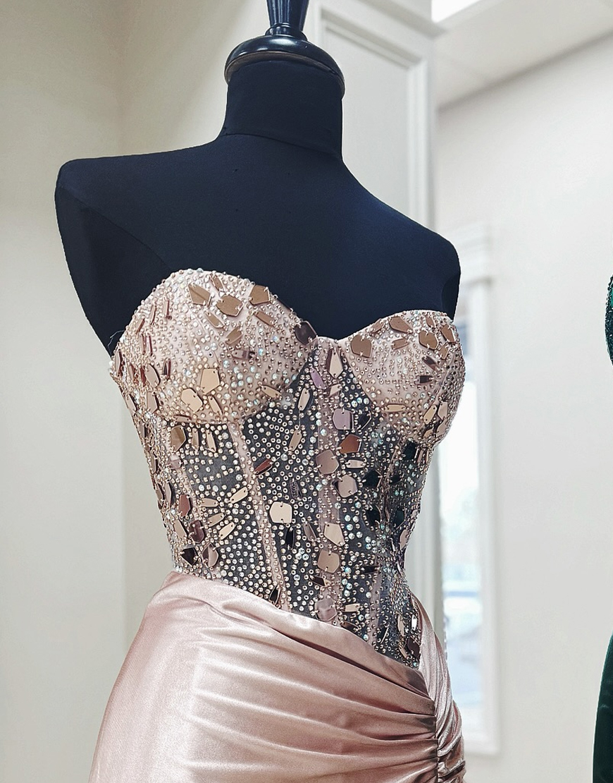 Sparkly Dark Green Mermaid Strapless Mirrors Corset Long Prom Dress with Slit