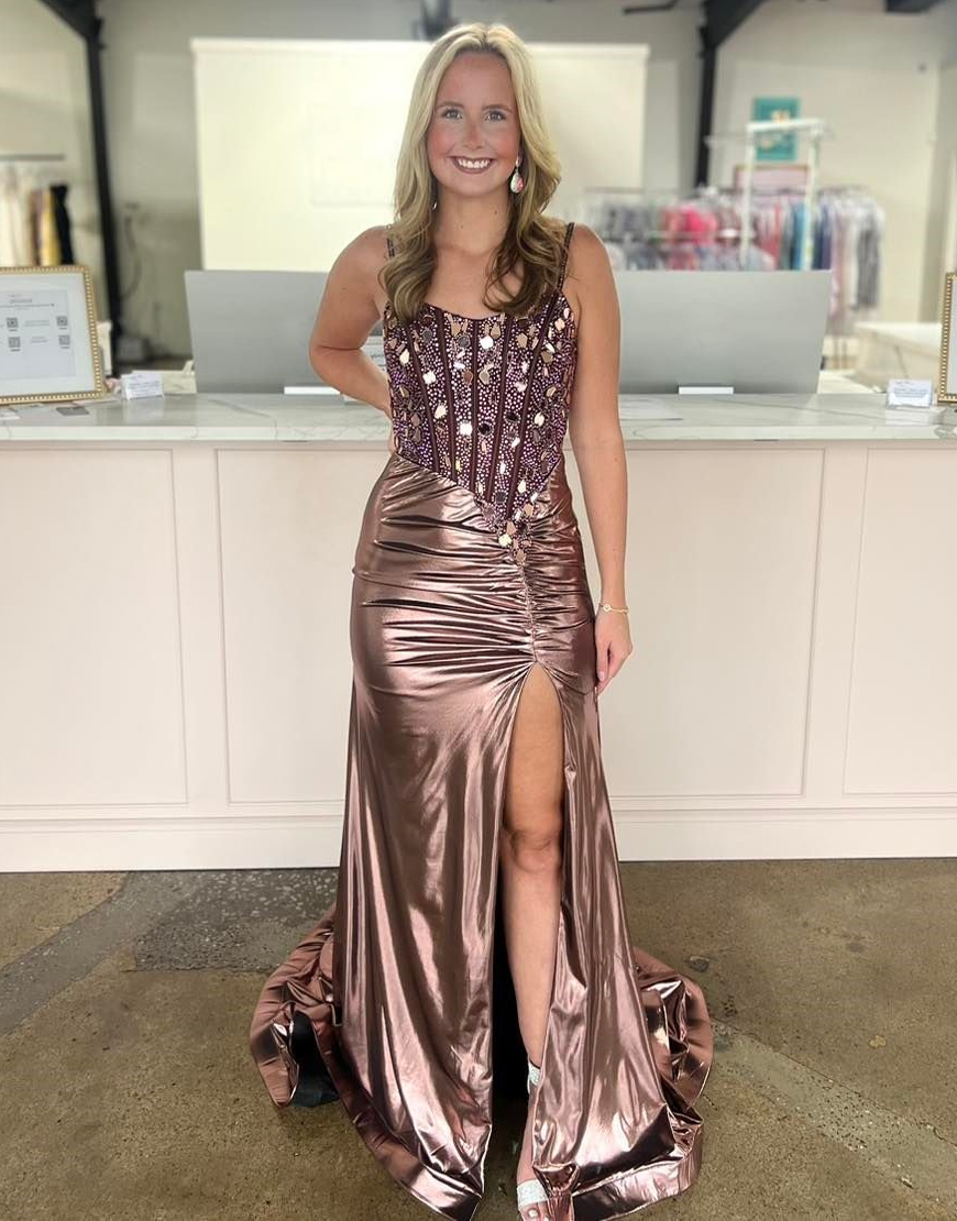 Metallic Copper Mermaid Spaghetti Straps Mirrors Corset Long Prom Dress