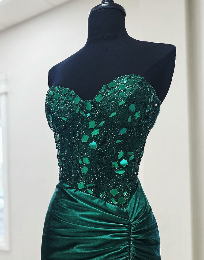 Sparkly Dark Green Mermaid Strapless Mirrors Corset Long Prom Dress with Slit