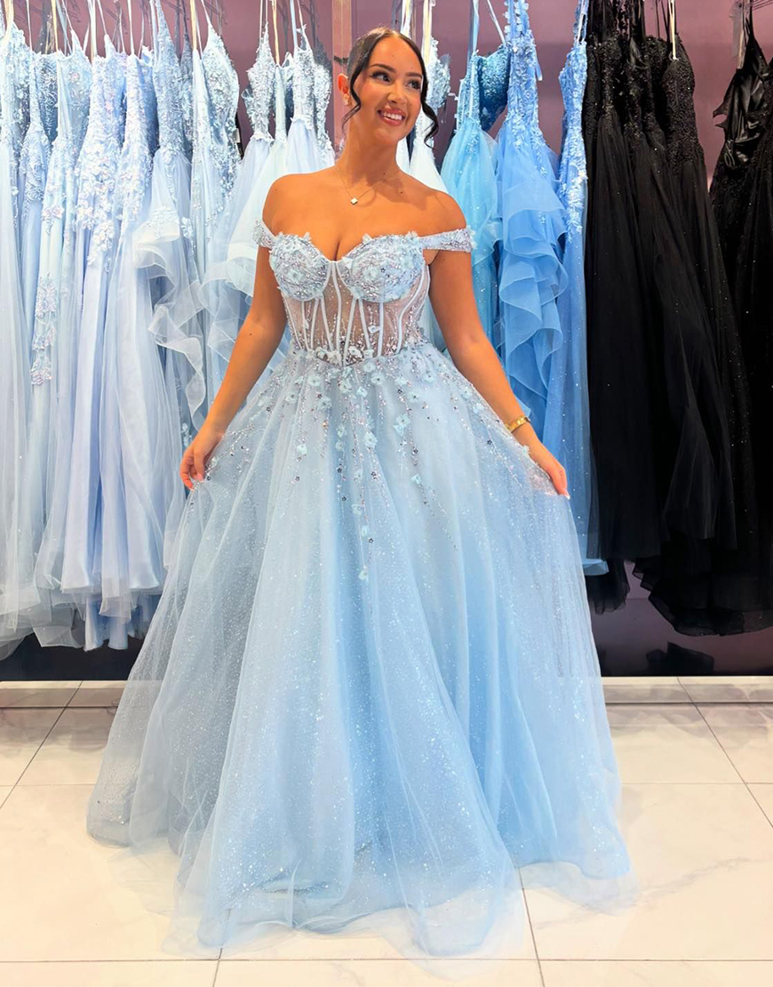 Sparkly Sky Blue A-Line Off the Shoulder Corset Flowers Tulle Long Prom Dress