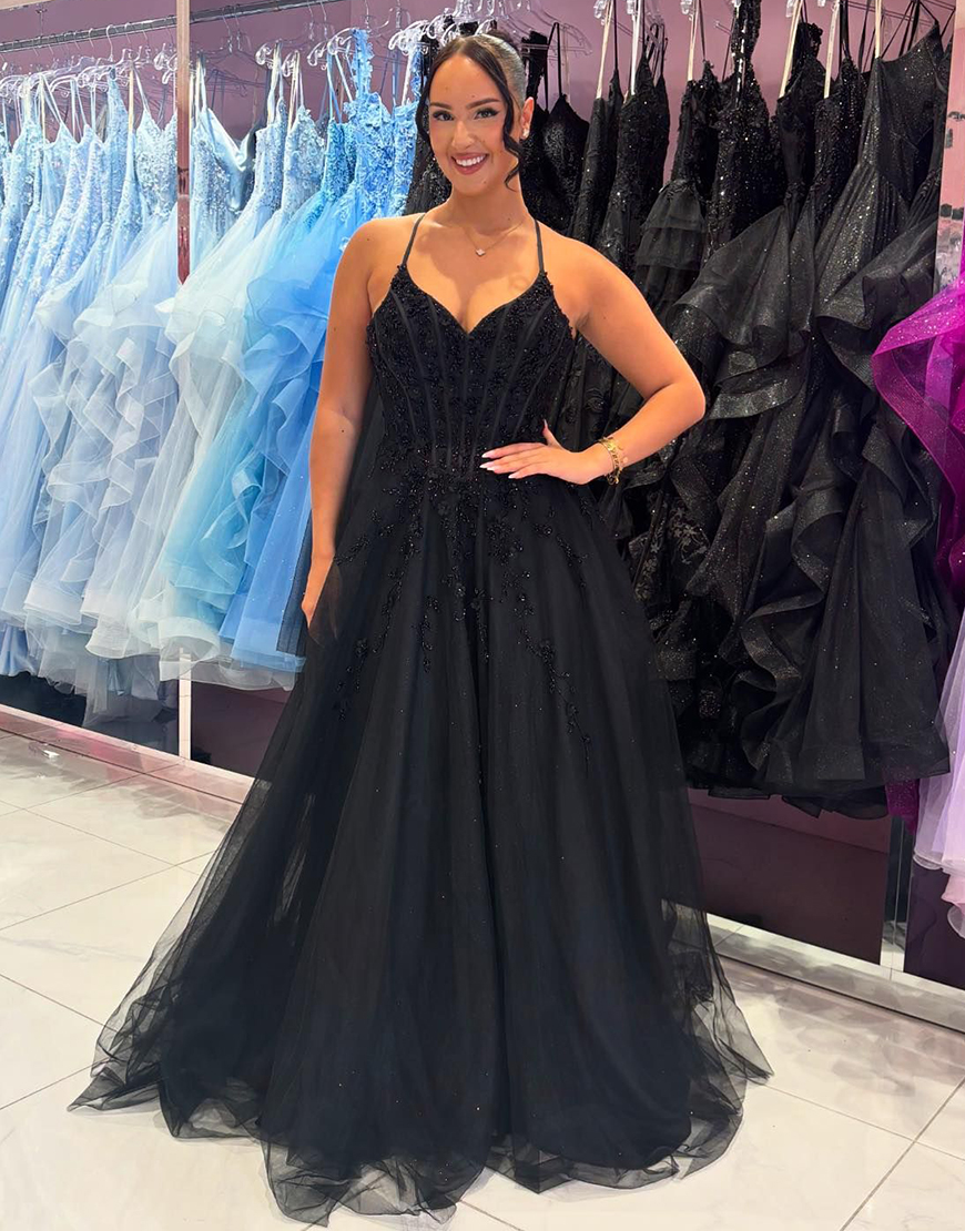 Sparkly A-Line Spaghetti Straps Corset Tulle Long Prom Dress with Appliques
