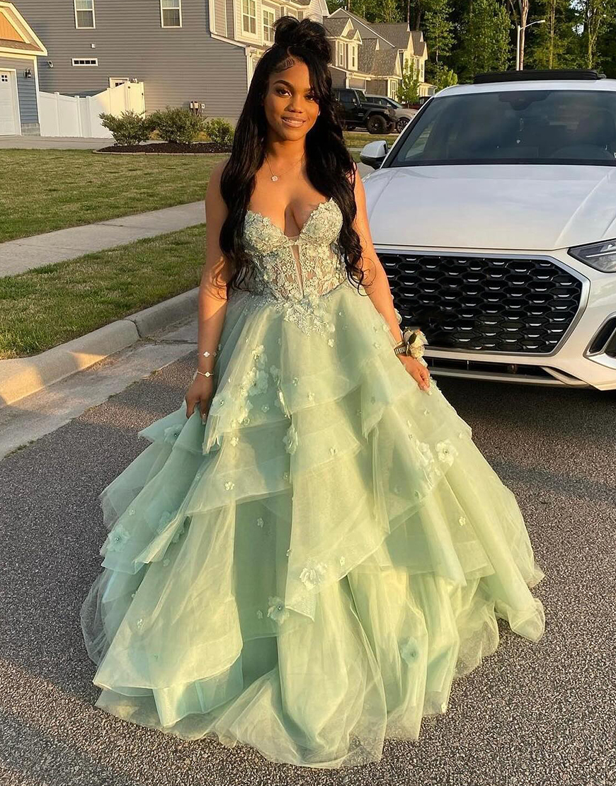 Sparkly Sage A-Line Spaghetti Straps Ruffles Appliques Corset Tulle Long Prom Dress