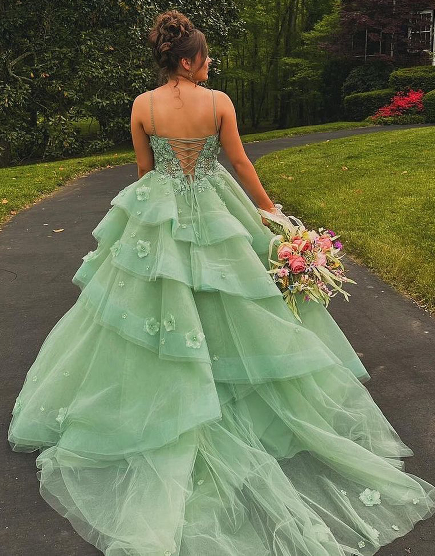 Sparkly Sage A-Line Spaghetti Straps Ruffles Appliques Corset Tulle Long Prom Dress