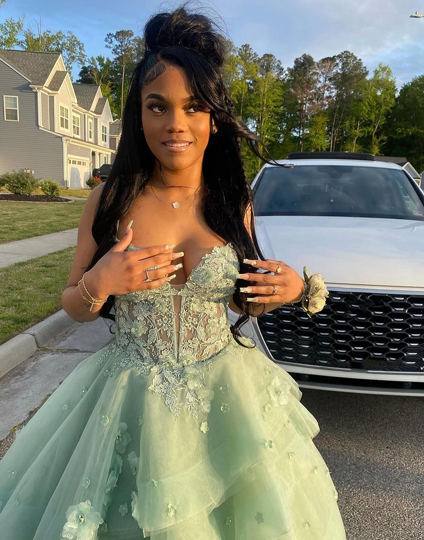 Sparkly Sage A-Line Spaghetti Straps Ruffles Appliques Corset Tulle Long Prom Dress