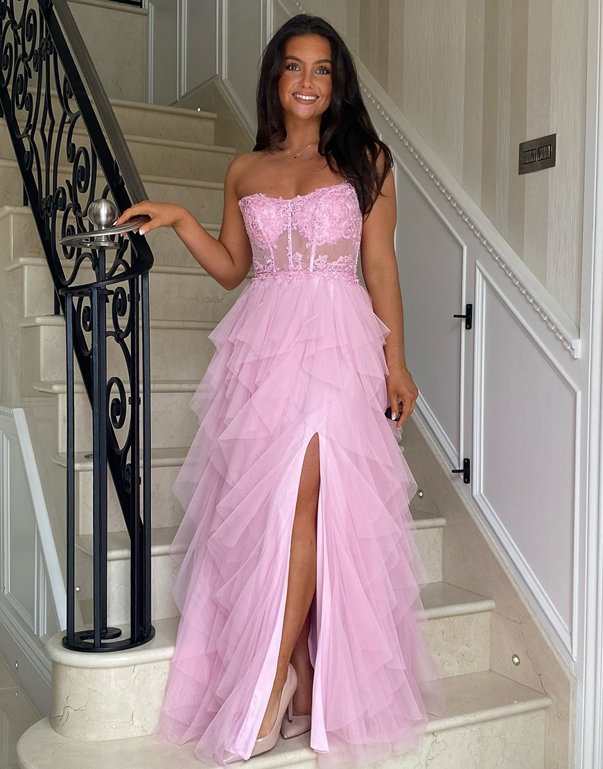 Sparkly Black A-Line Strapless Corset Ruffles Appliques Long Prom Dress with Slit