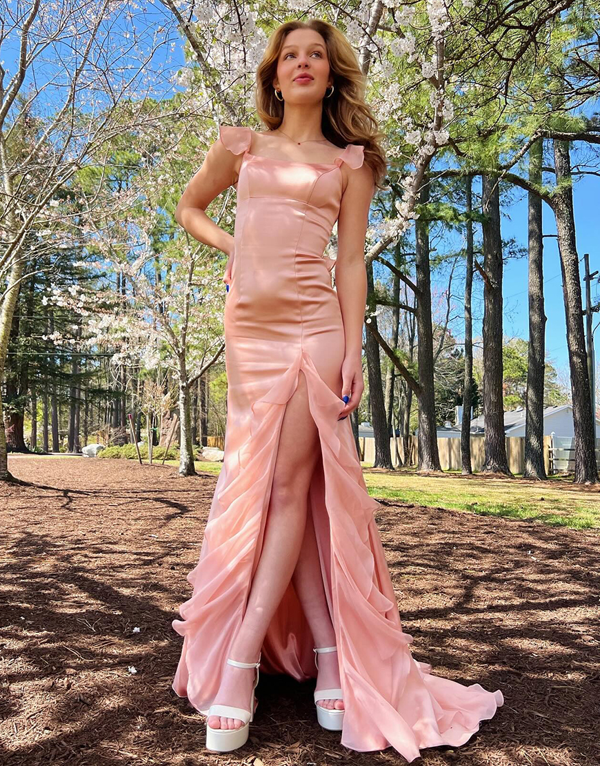 Blush Mermaid Ruffle Lace-Up Chiffon Long Prom Dress with Slit
