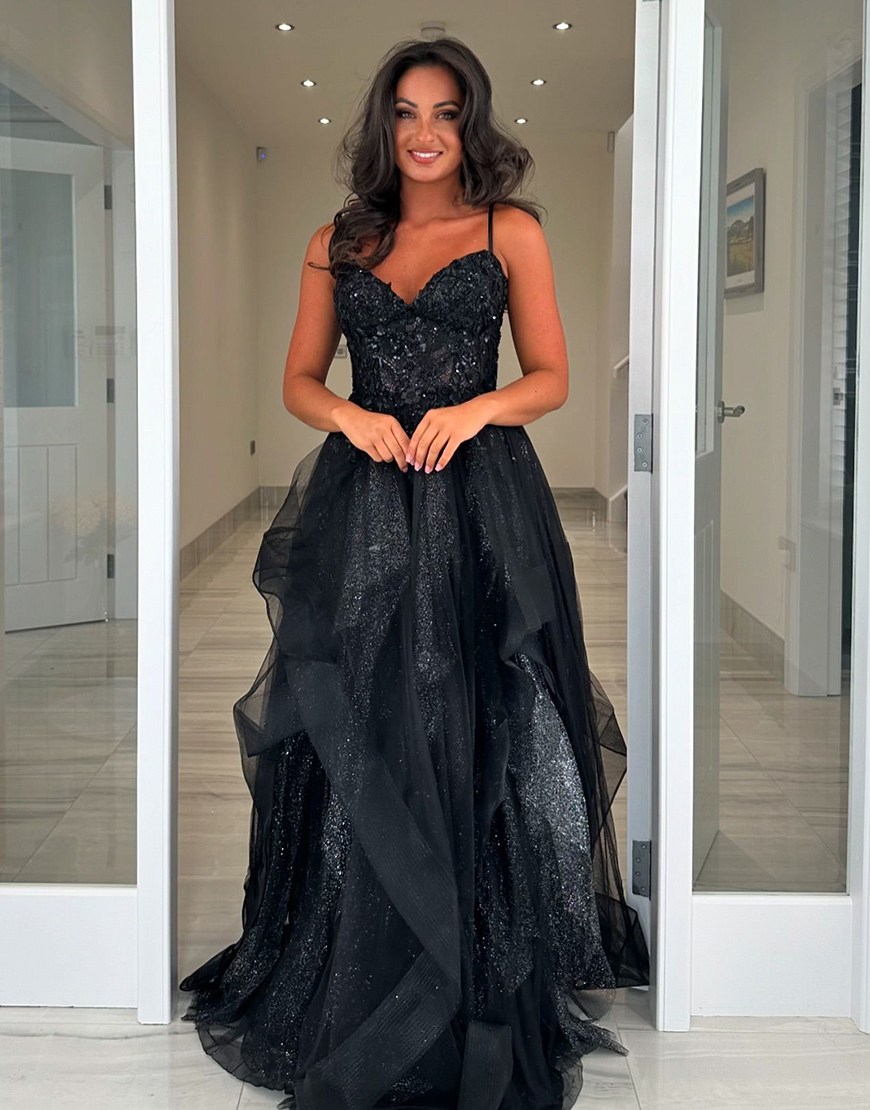 Sparkly Black A-Line Spaghetti Straps Corset Appliques Ruffles Long Prom Dress