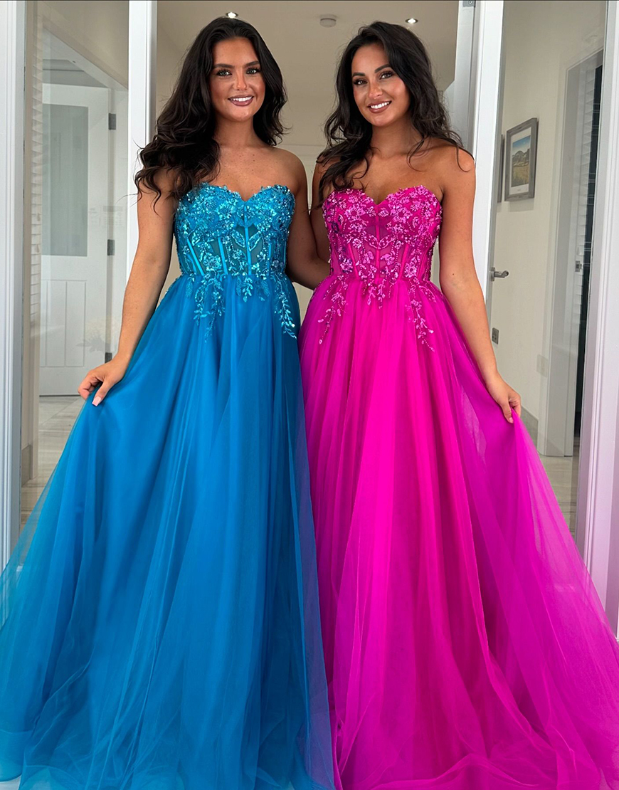 Sparkly Fuchsia A-Line Strapless Corset Appliques Tulle Long Prom Dress