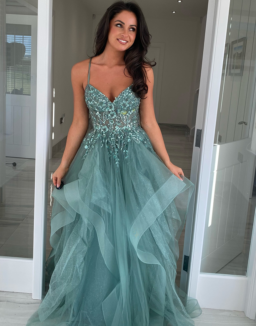 Sparkly Grey Blue A-Line Spaghetti Straps Appliques Ruffle Tulle Long Prom Dress