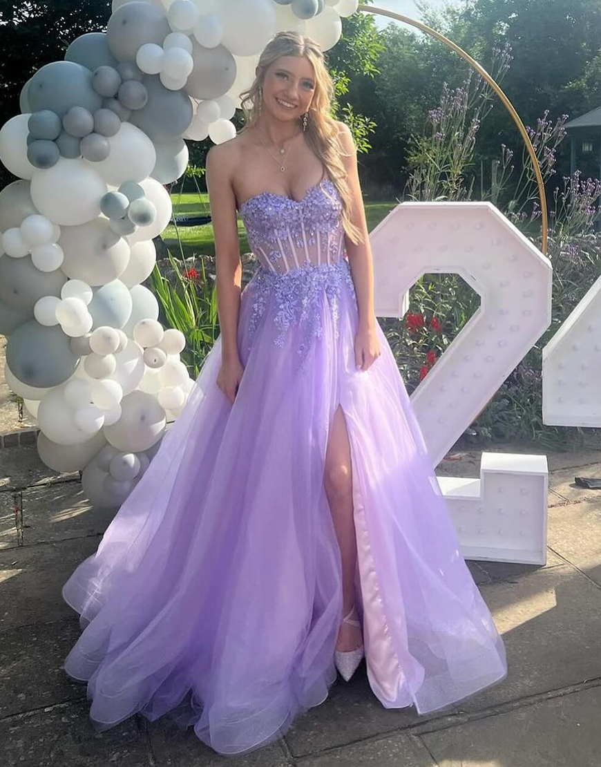 Sparkly Lilac A-Line Strapless Corset Appliques Tulle Long Prom Dress with Slit