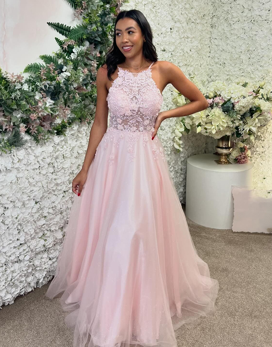 Pink A-Line Halter Laced Top Tulle Long Prom Dress
