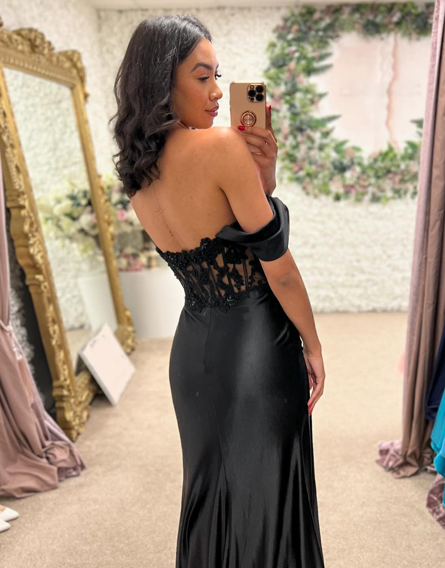 Sparkly Black Mermaid Off the Shoulder Corset Appliques Satin Long Prom Dress with Slit