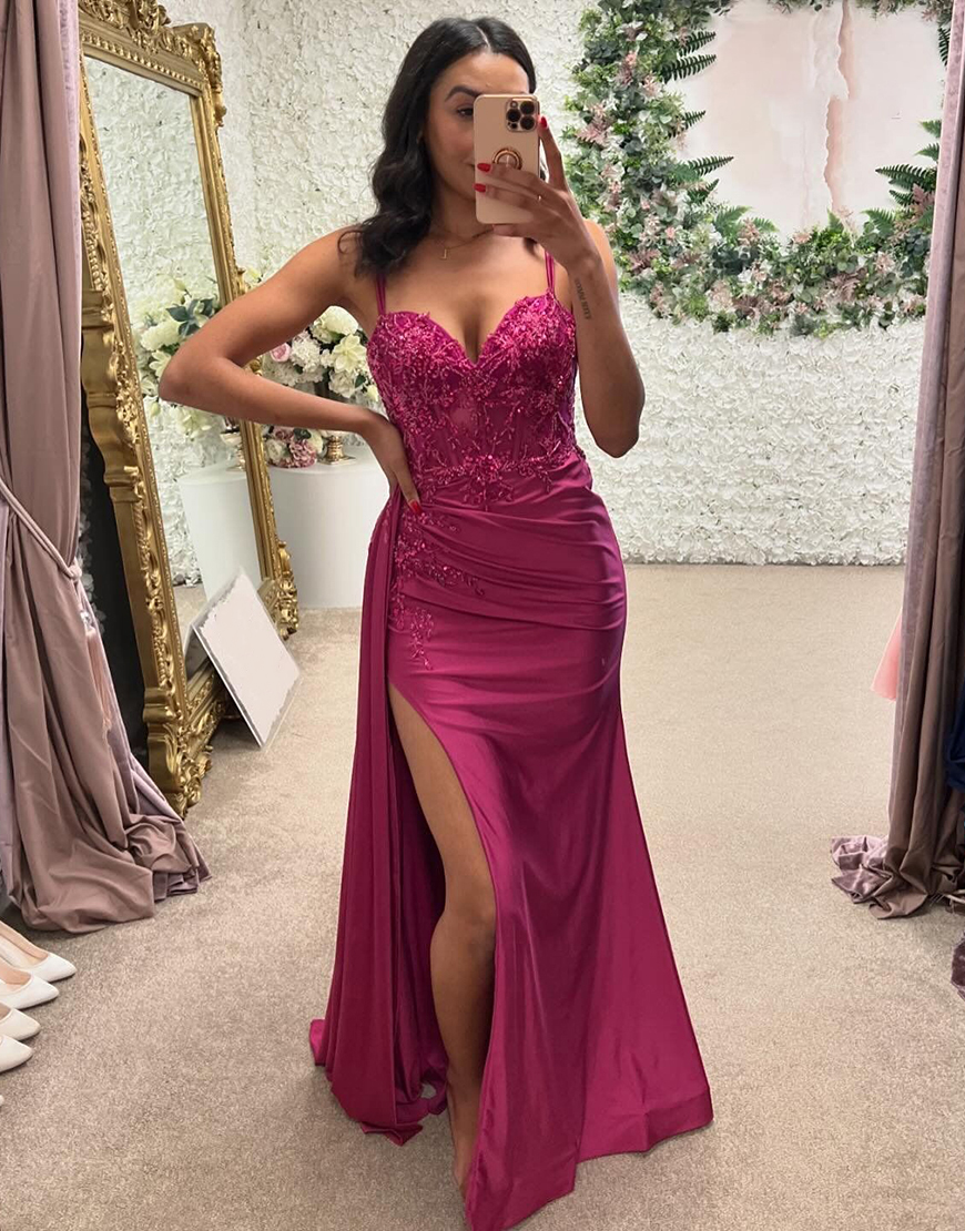 Sparkly Fuchsia Mermaid Spaghetti Straps Corset Appliques Long Prom Dress with Slit