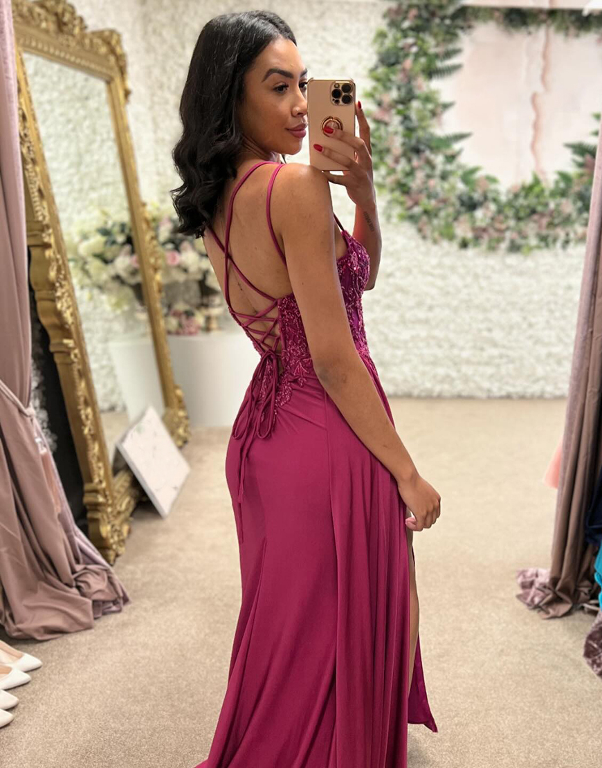 Sparkly Fuchsia Mermaid Spaghetti Straps Corset Appliques Long Prom Dress with Slit