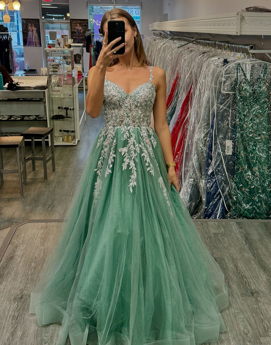 Sparkly Sage A-Line Spaghetti Straps Corset Appliques Tulle Long Prom Dress