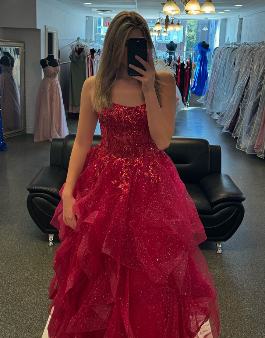 Sparkly Fuchsia A-Line Spaghetti Straps Corset Sequined Ruffles Tulle Long Prom Dress