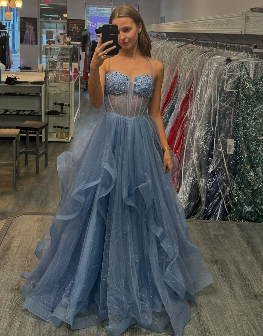 Sparkly Grey Blue A-Line Spaghetti Straps Beaded Corset Ruffles Tulle Long Prom Dress