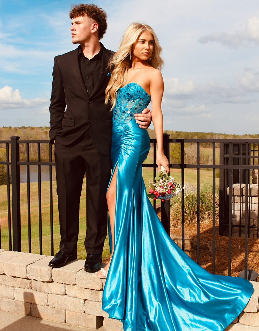 Sparkly Dark Green Mermaid Strapless Mirrors Corset Long Prom Dress with Slit