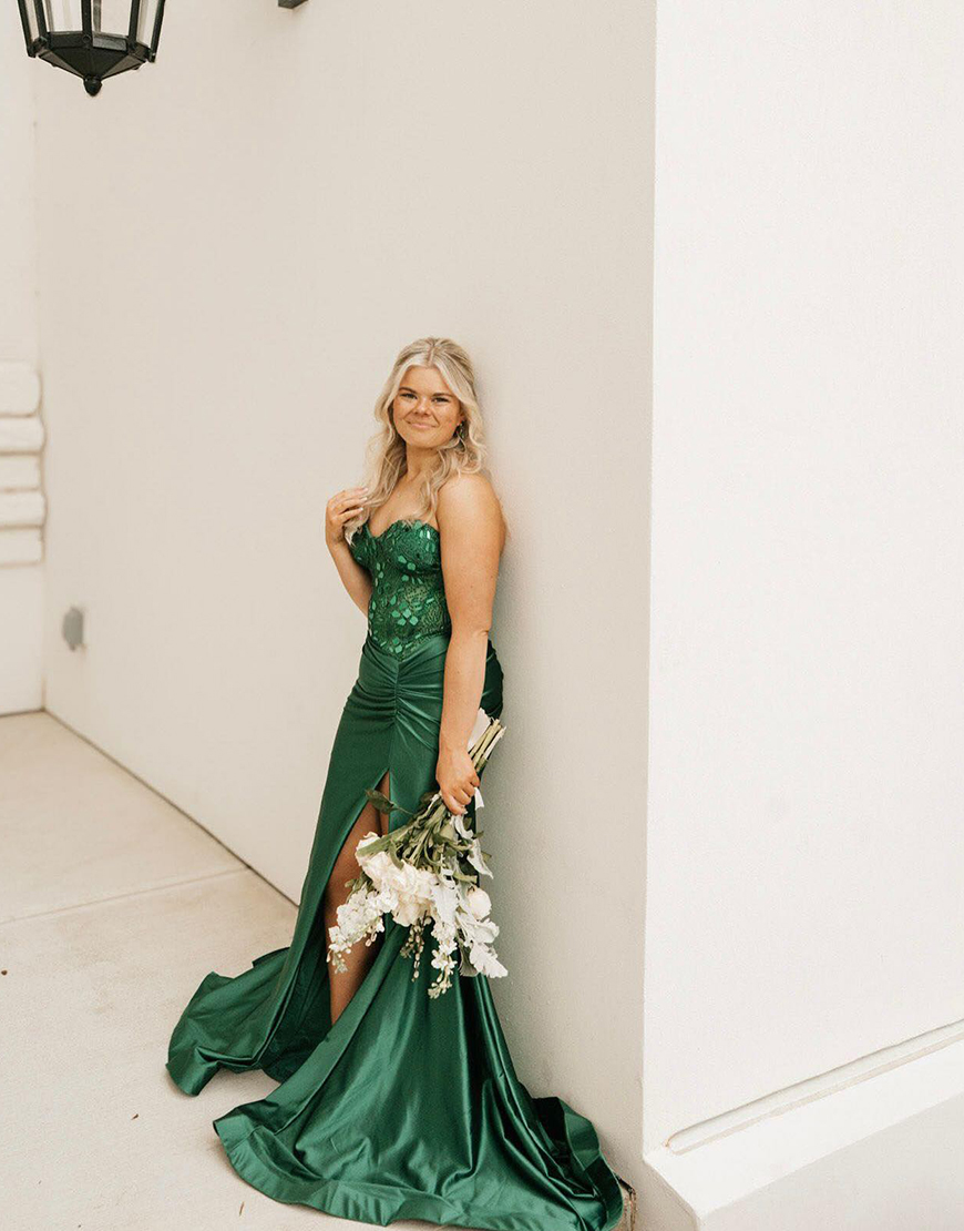 Sparkly Dark Green Mermaid Strapless Mirrors Corset Long Prom Dress with Slit