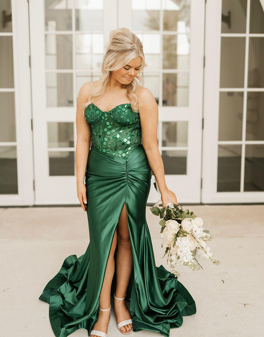 Sparkly Dark Green Mermaid Strapless Mirrors Corset Long Prom Dress with Slit