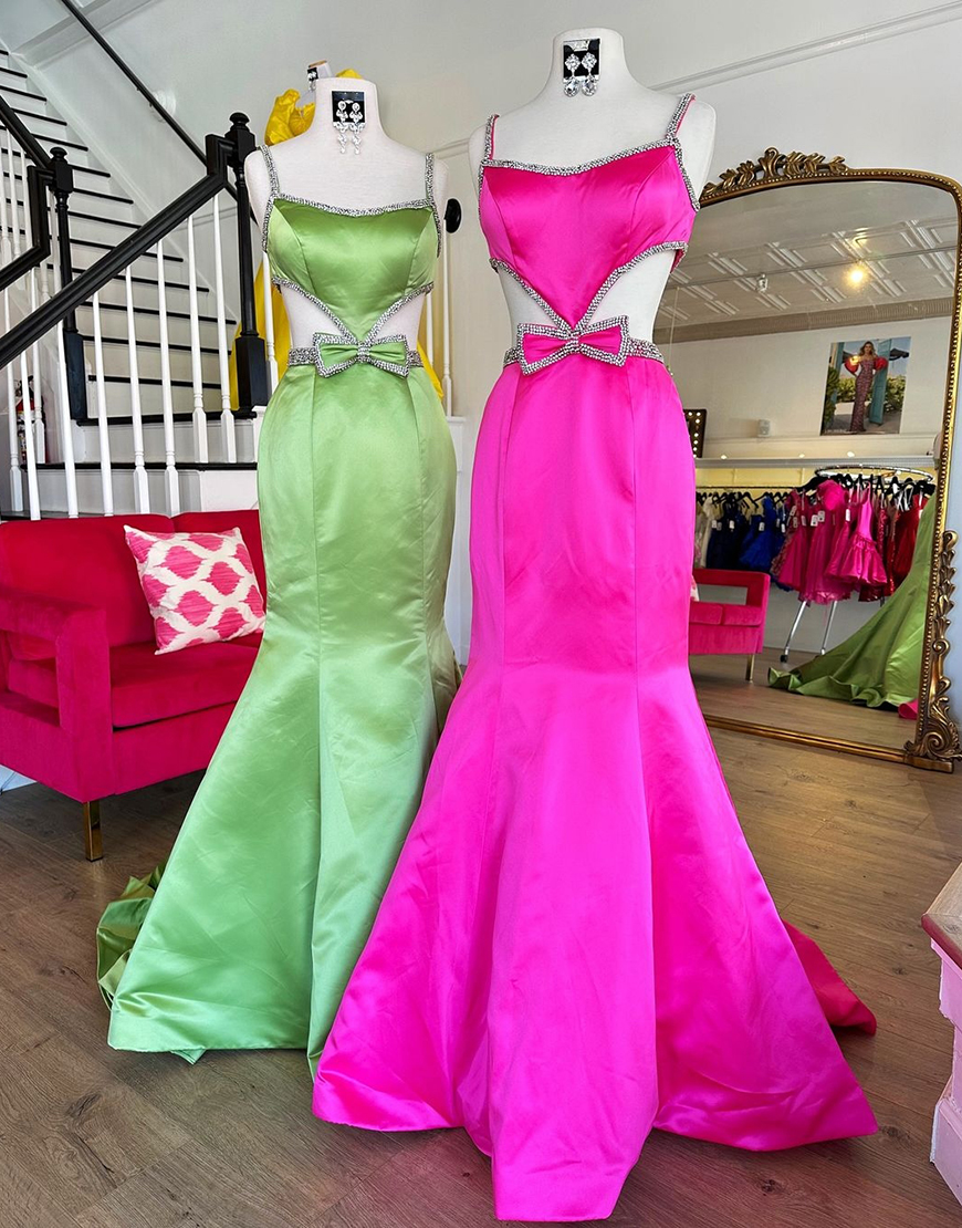 Sparkly Fuchsia Mermaid Spaghetti Straps Beaded Long Prom Dress with Bow